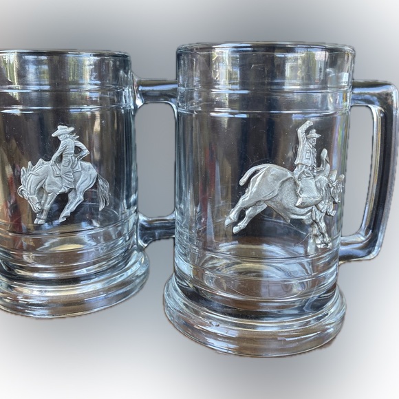 2 Glass Beer Mugs Steins Pewter Cowboy Horse Bull Rodeo Metalworks Pendleton - Picture 9 of 10